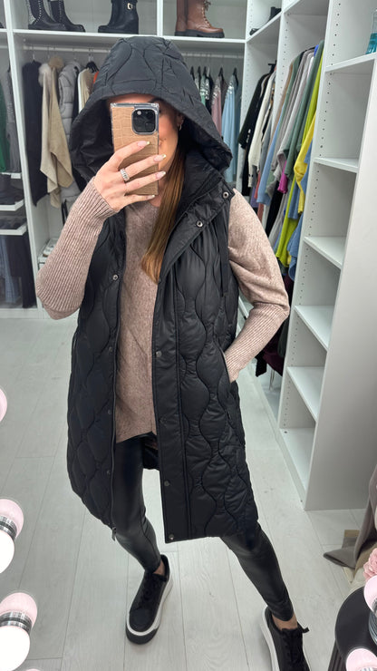 June Black Hooded Quilted Puffer Gilet