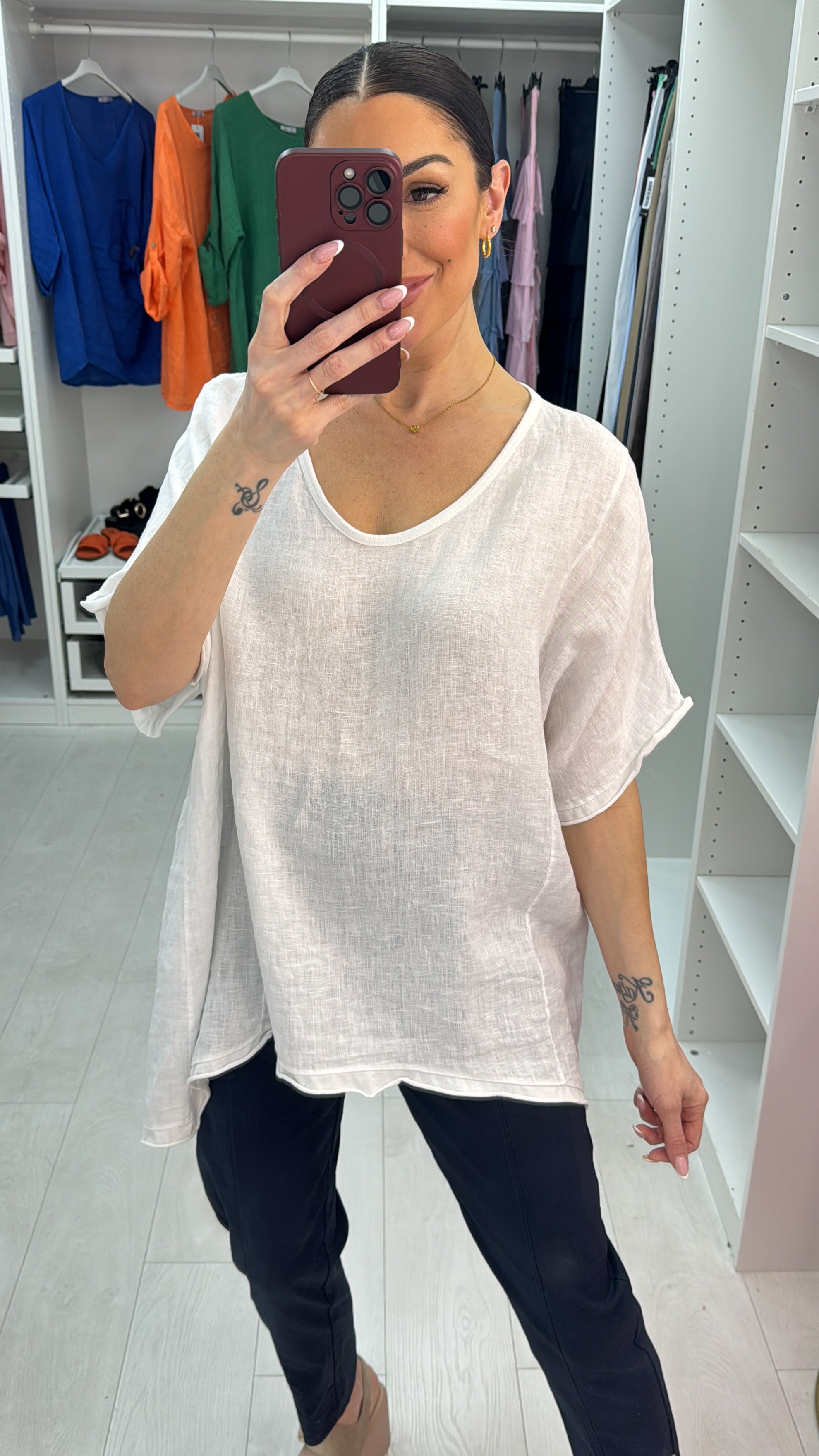 Claire Plain Linen V Neck Loose Fit Top