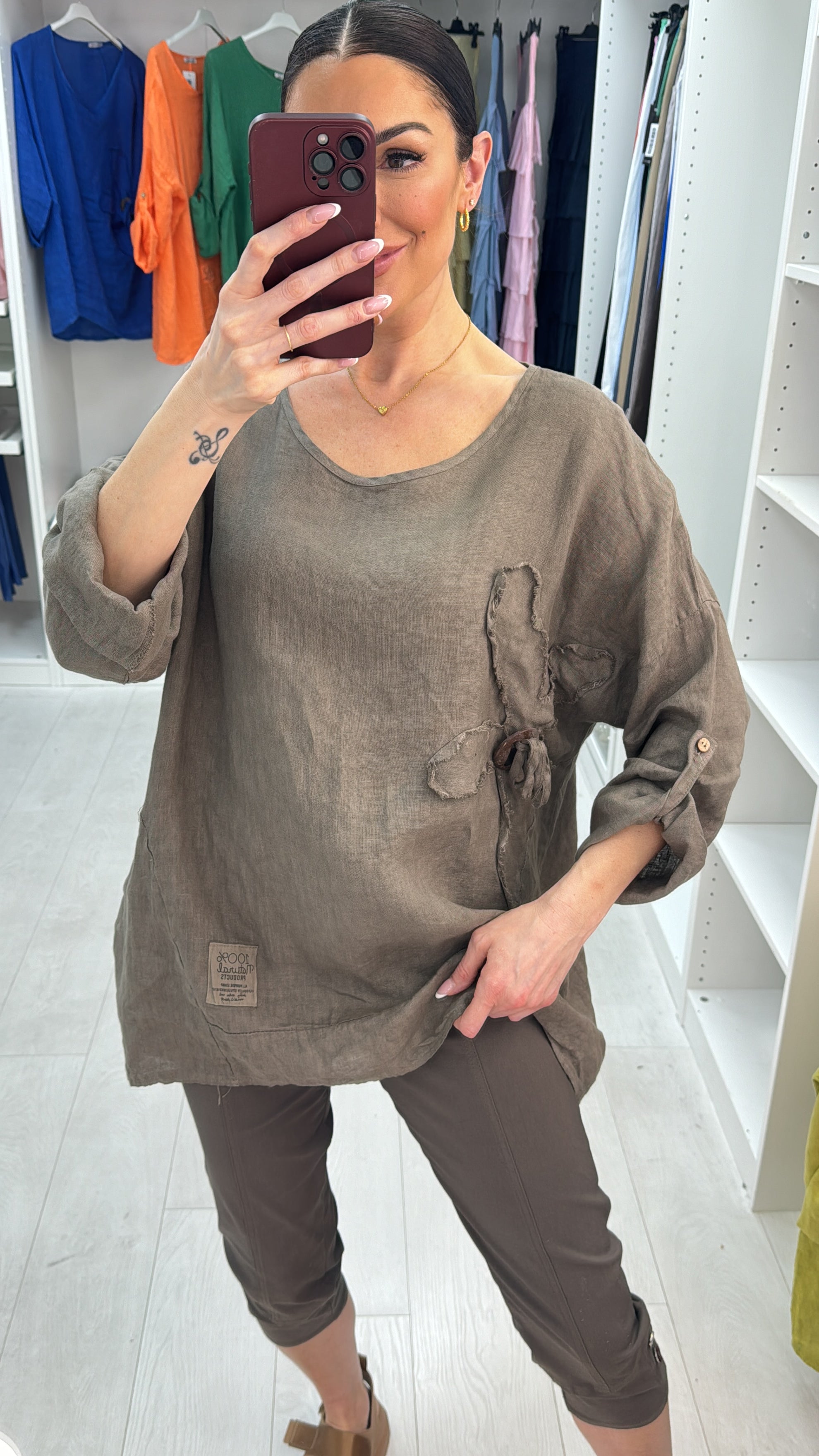 Elina Plain Flower Detail Oversized Linen Top