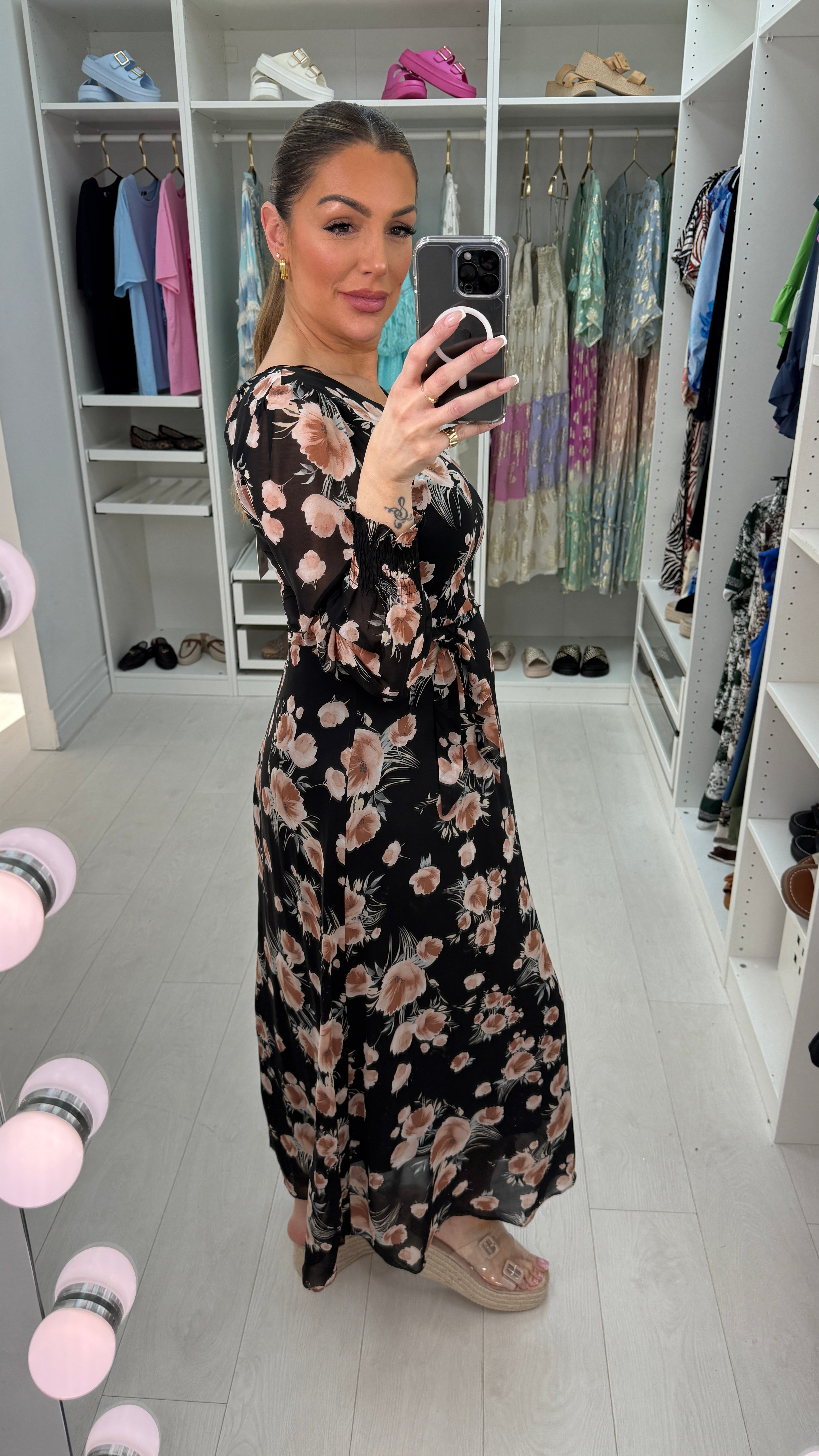 Howard Black Floral Tie Waist Floaty Maxi Dress