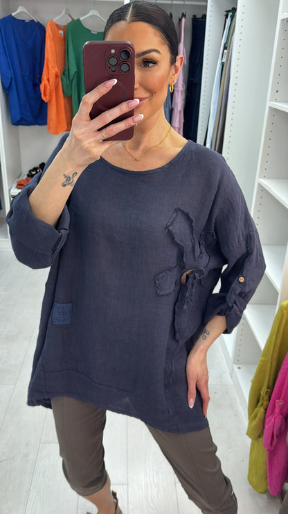 Elina Plain Flower Detail Oversized Linen Top