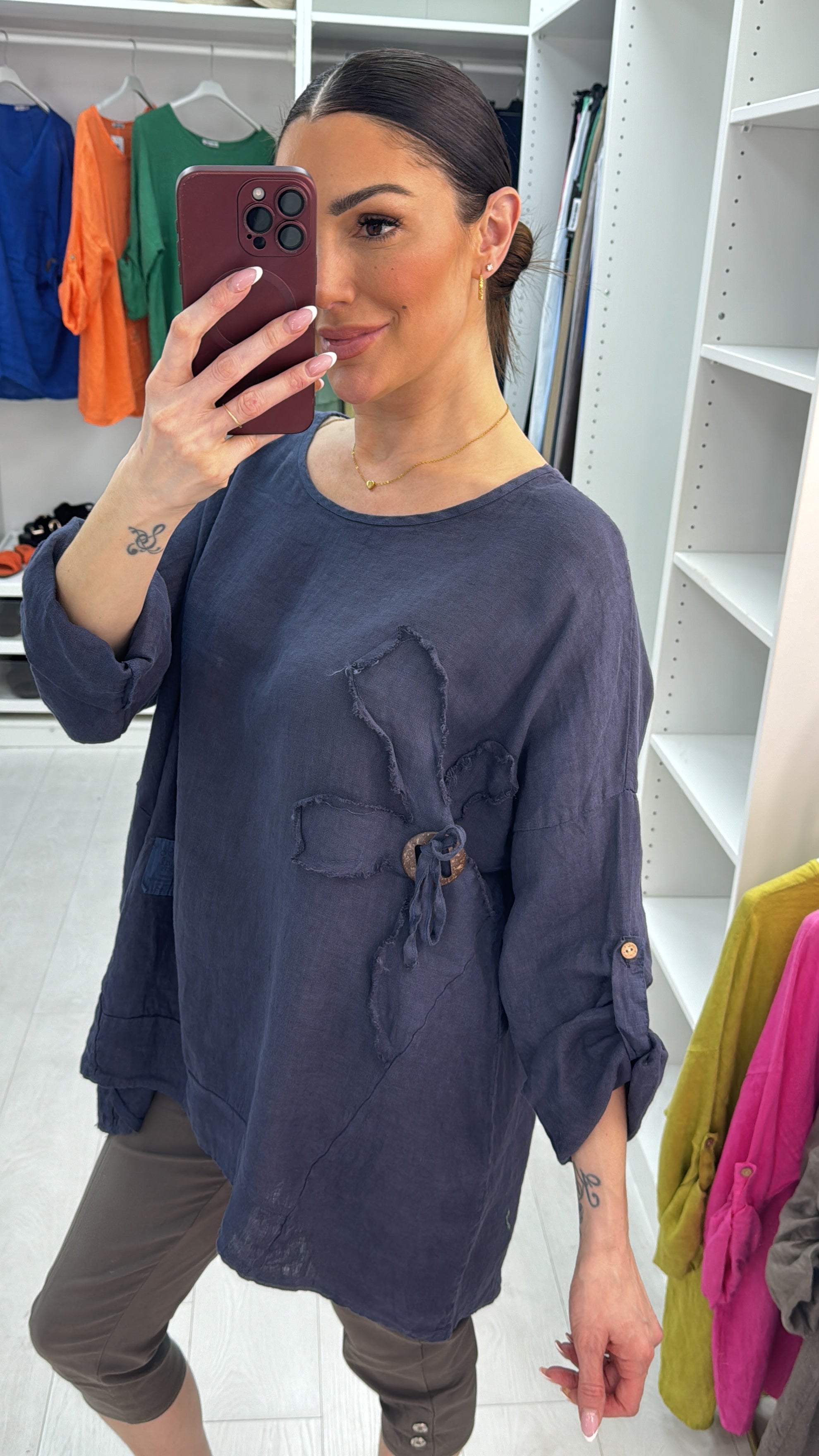 Elina Plain Flower Detail Oversized Linen Top