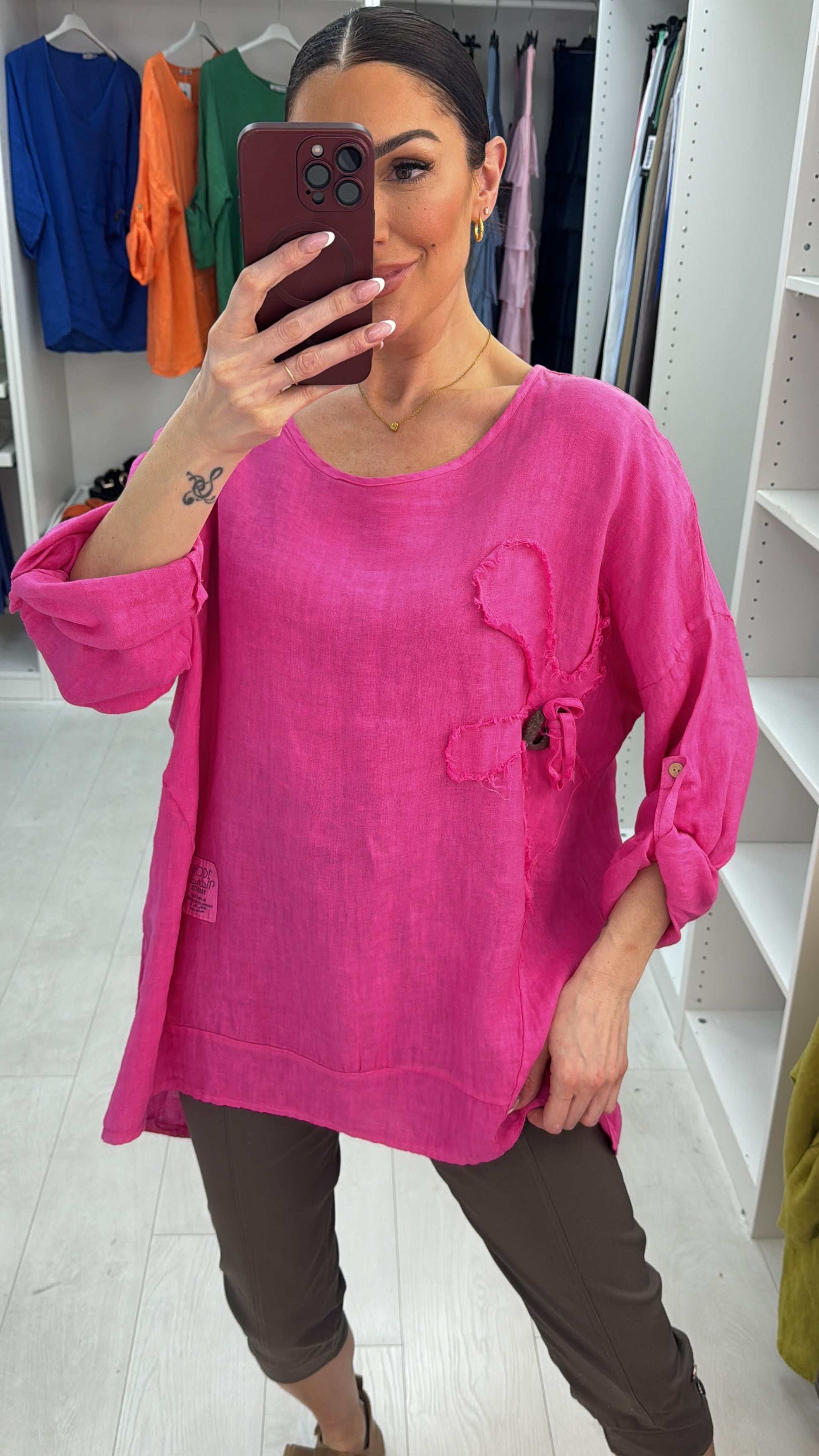 Elina Plain Flower Detail Oversized Linen Top