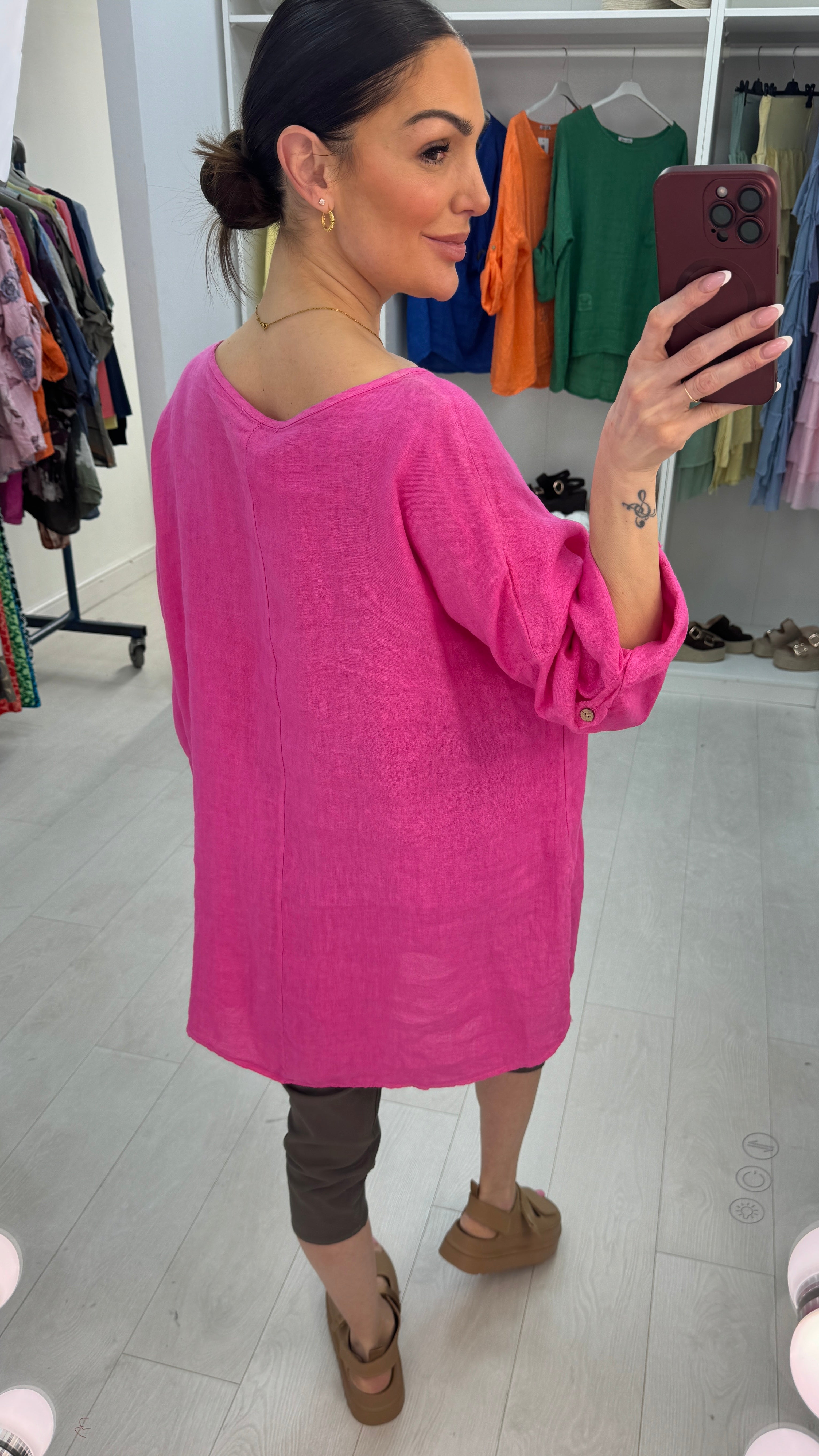 Elina Plain Flower Detail Oversized Linen Top