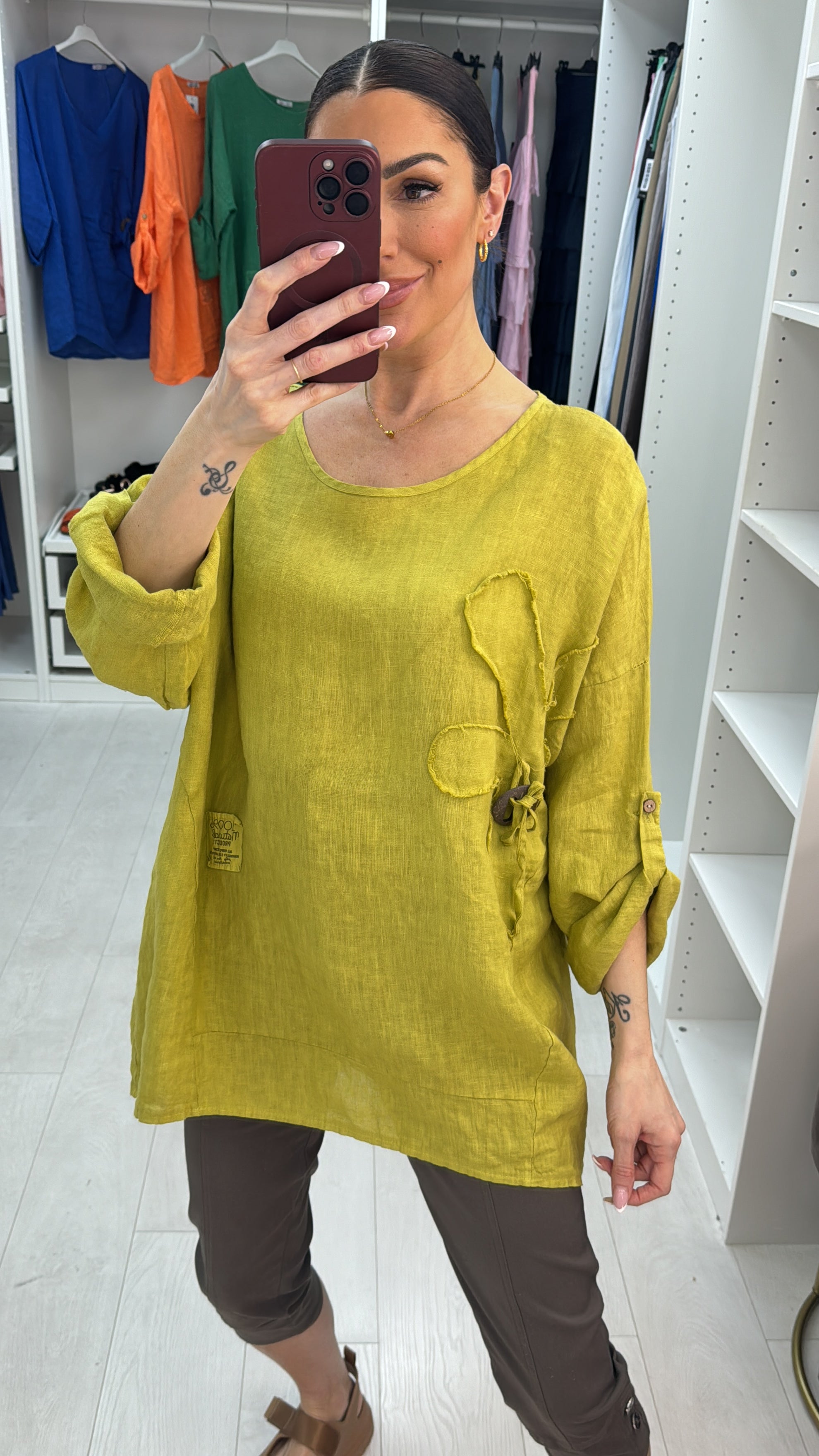 Elina Plain Flower Detail Oversized Linen Top