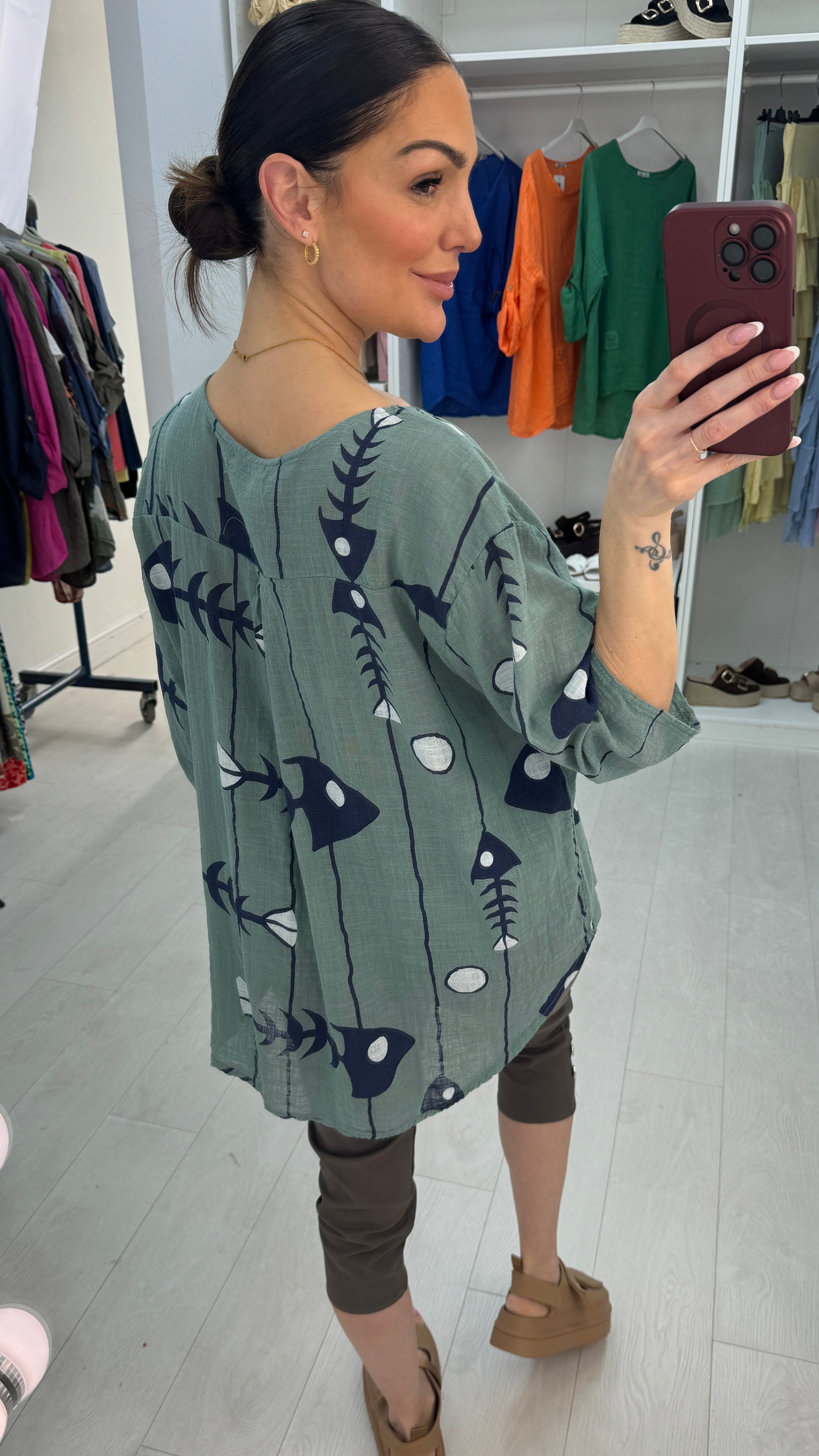 Jenna Button Detailed V Neck Loose Fit Top