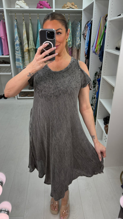 Heidi Acid Wash Embroidered Drop Shoulder Dress