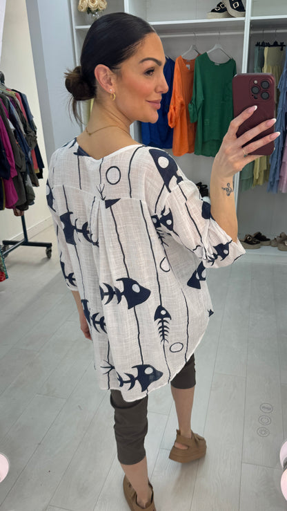 Jenna Button Detailed V Neck Loose Fit Top