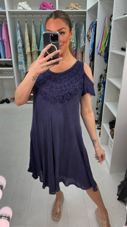 Heidi Acid Wash Embroidered Drop Shoulder Dress