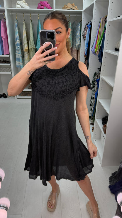 Heidi Acid Wash Embroidered Drop Shoulder Dress