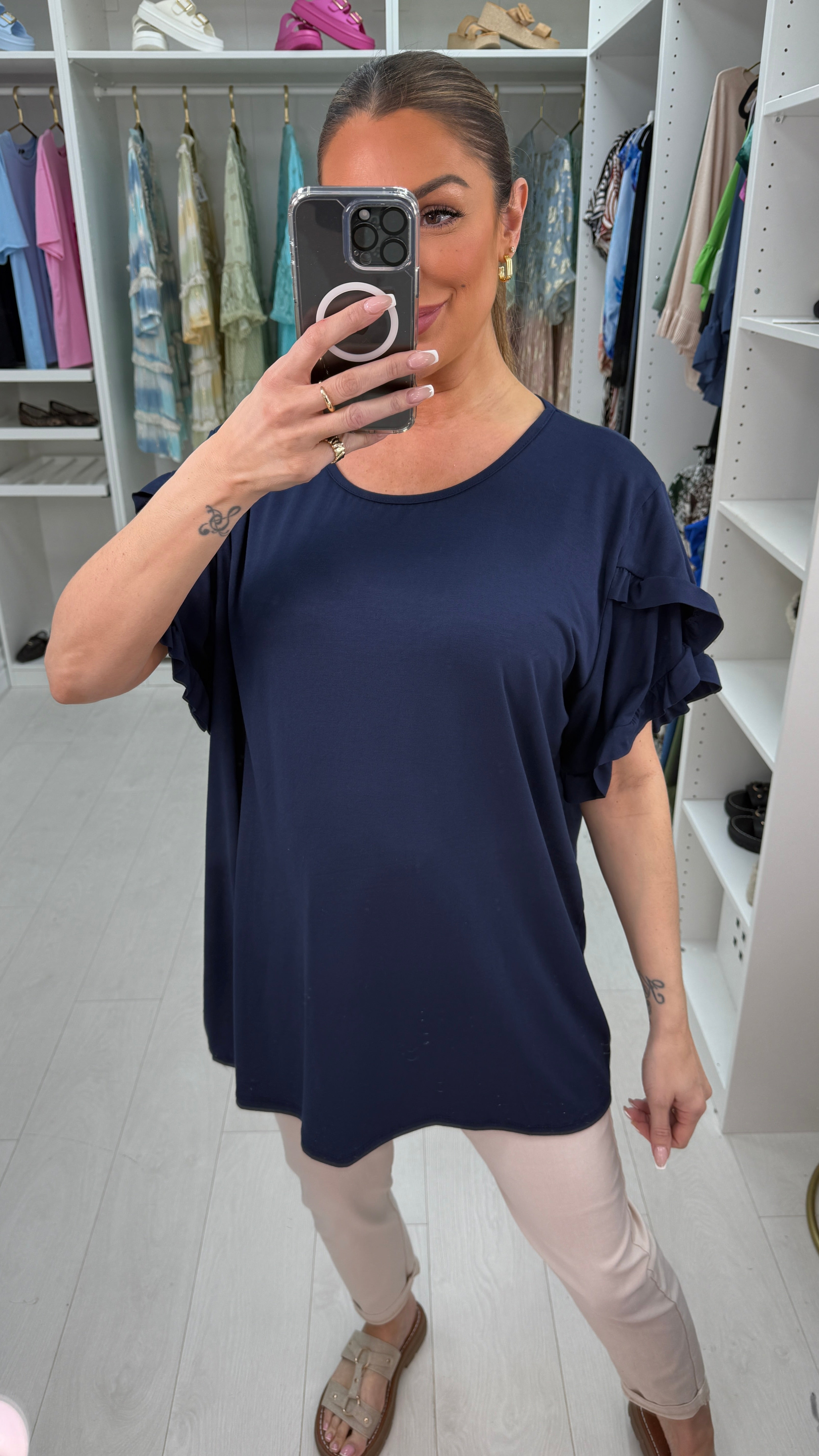 Gwenyth Plain Frill Sleeve Detailed Loose Fit T-Shirt