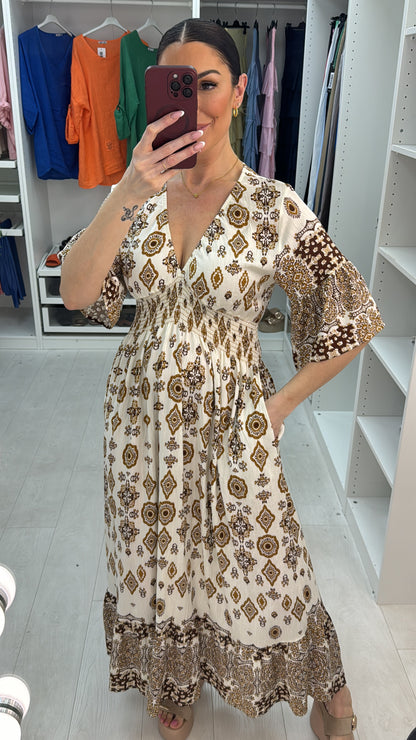 Sallie V Neck Shirred Waist Maxi Dress