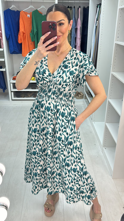 Esmeralda Abstract Print Shirred Waist Midi Dress