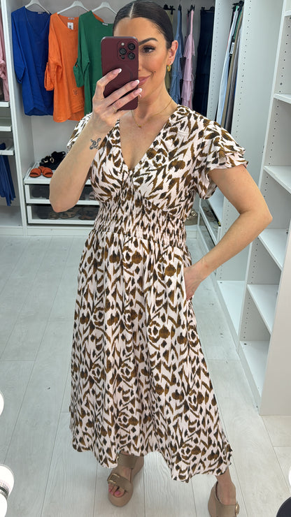 Esmeralda Abstract Print Shirred Waist Midi Dress