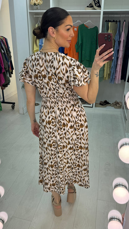 Esmeralda Abstract Print Shirred Waist Midi Dress