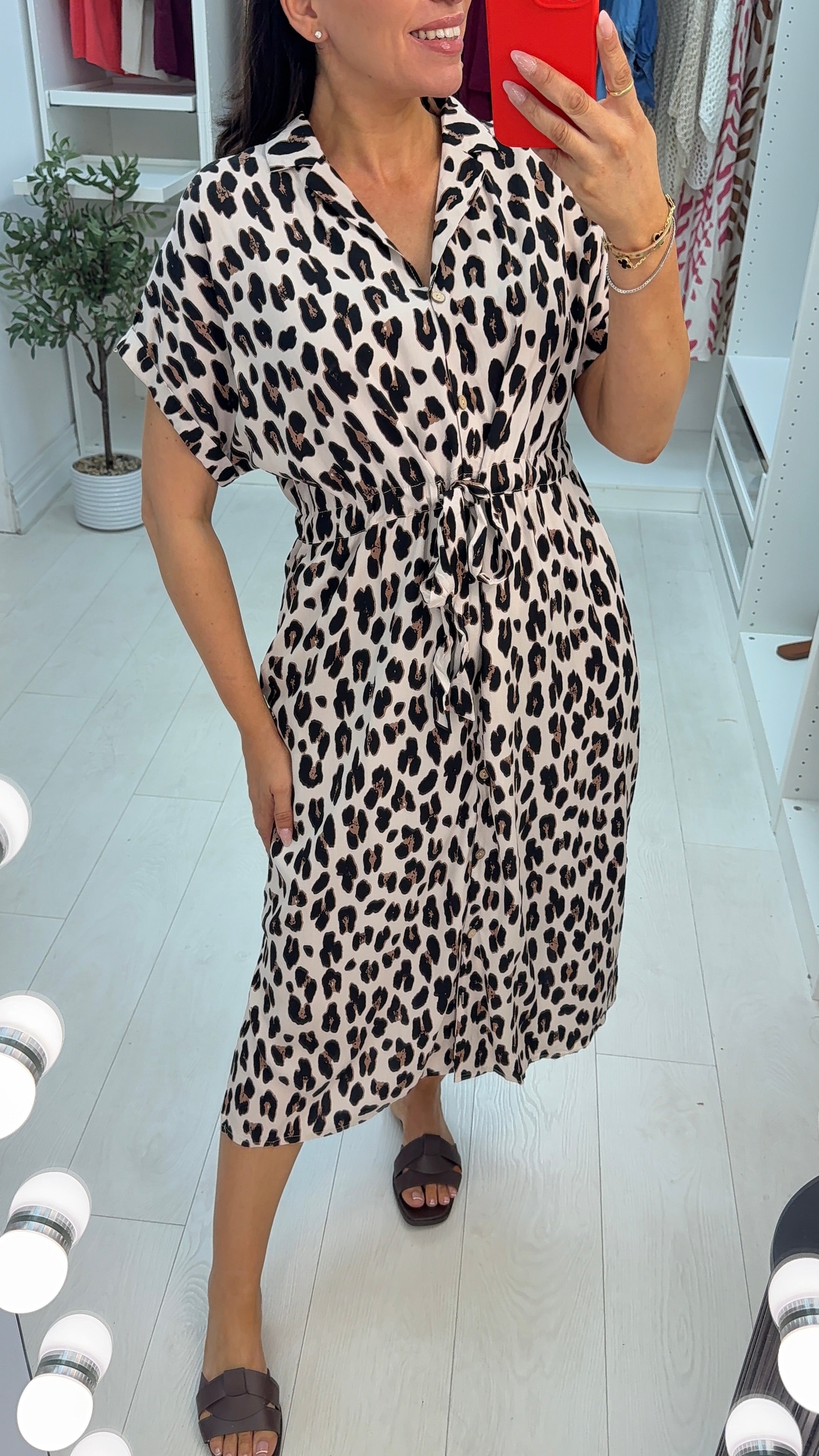 Janica Leopard Print Drawstring Waist Shirt Dress