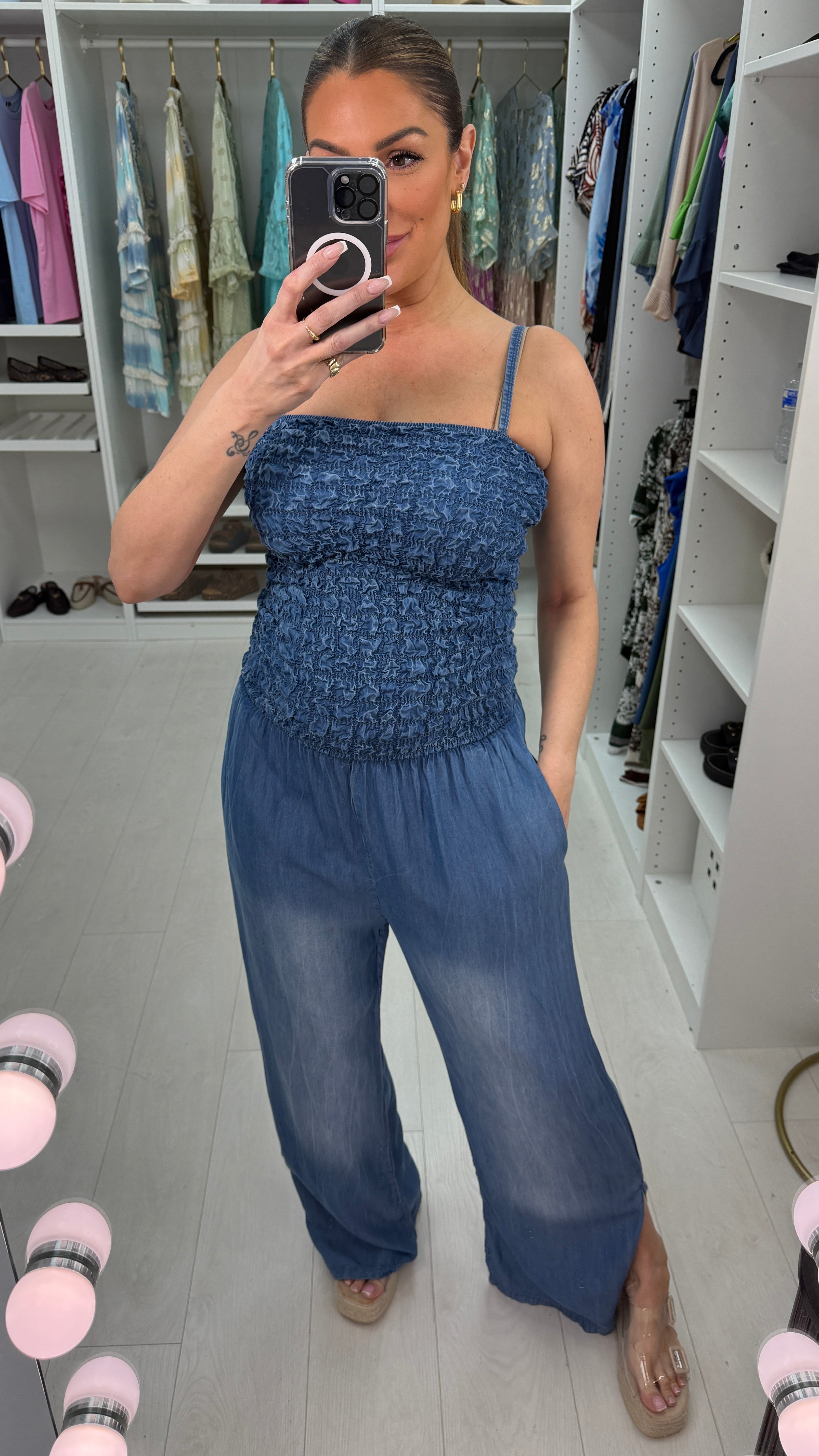 Candela Ruched Denim Jumpsuit