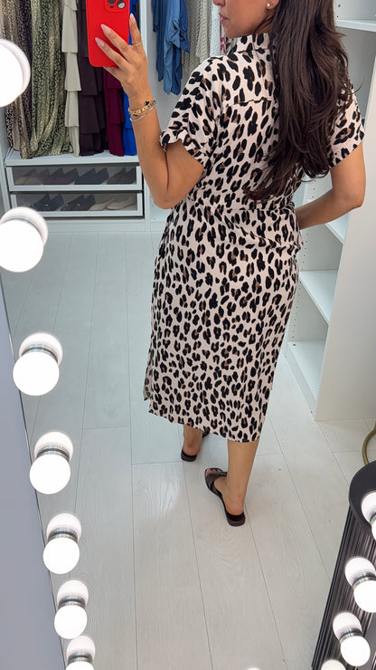 Janica Leopard Print Drawstring Waist Shirt Dress