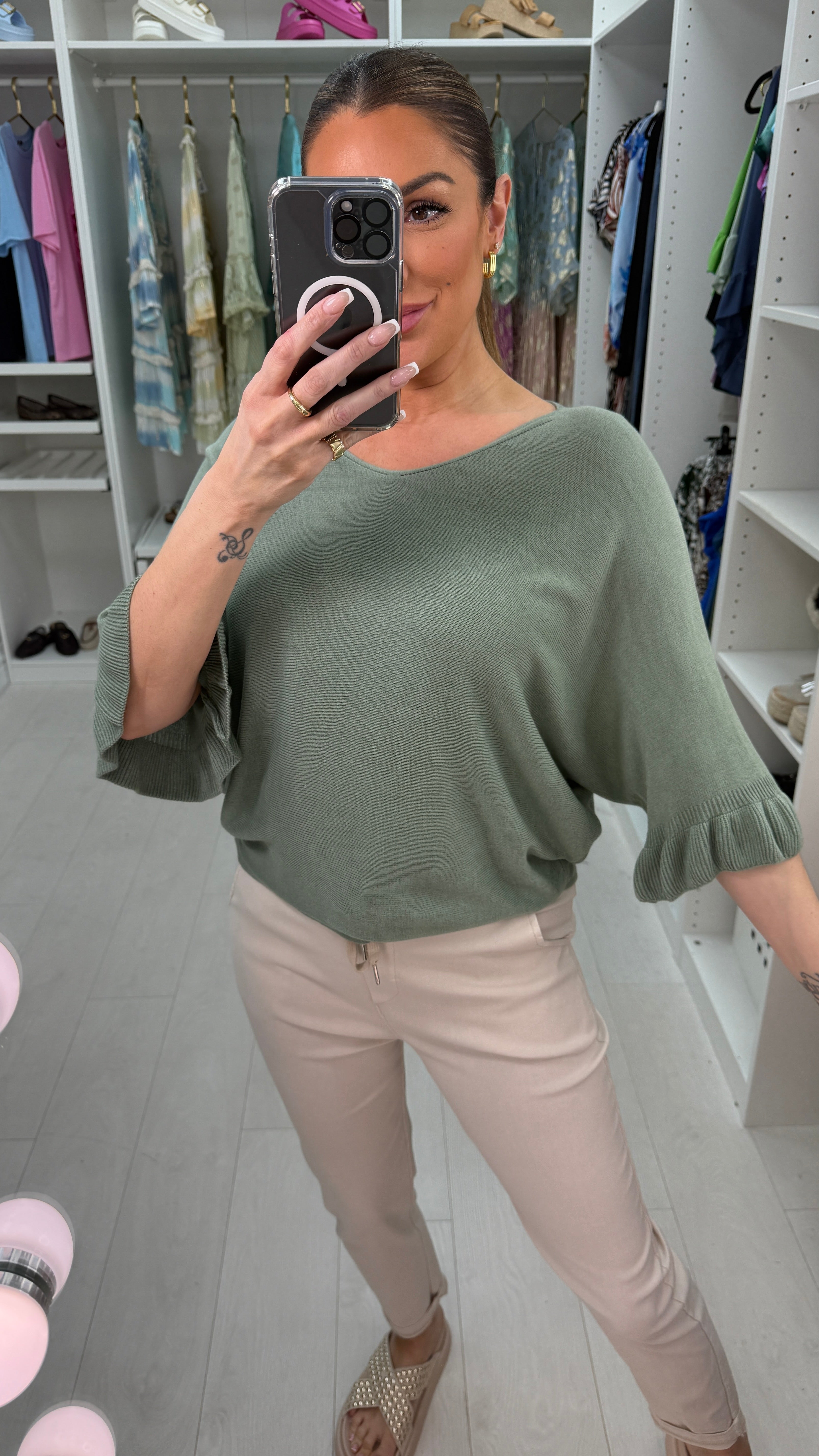 Kathy Plain Frill Sleeve Thin Knit Loose Fit Top