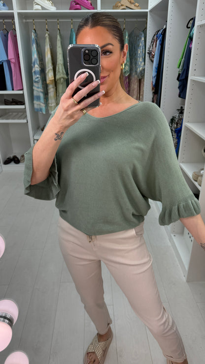 Kathy Plain Frill Sleeve Thin Knit Loose Fit Top