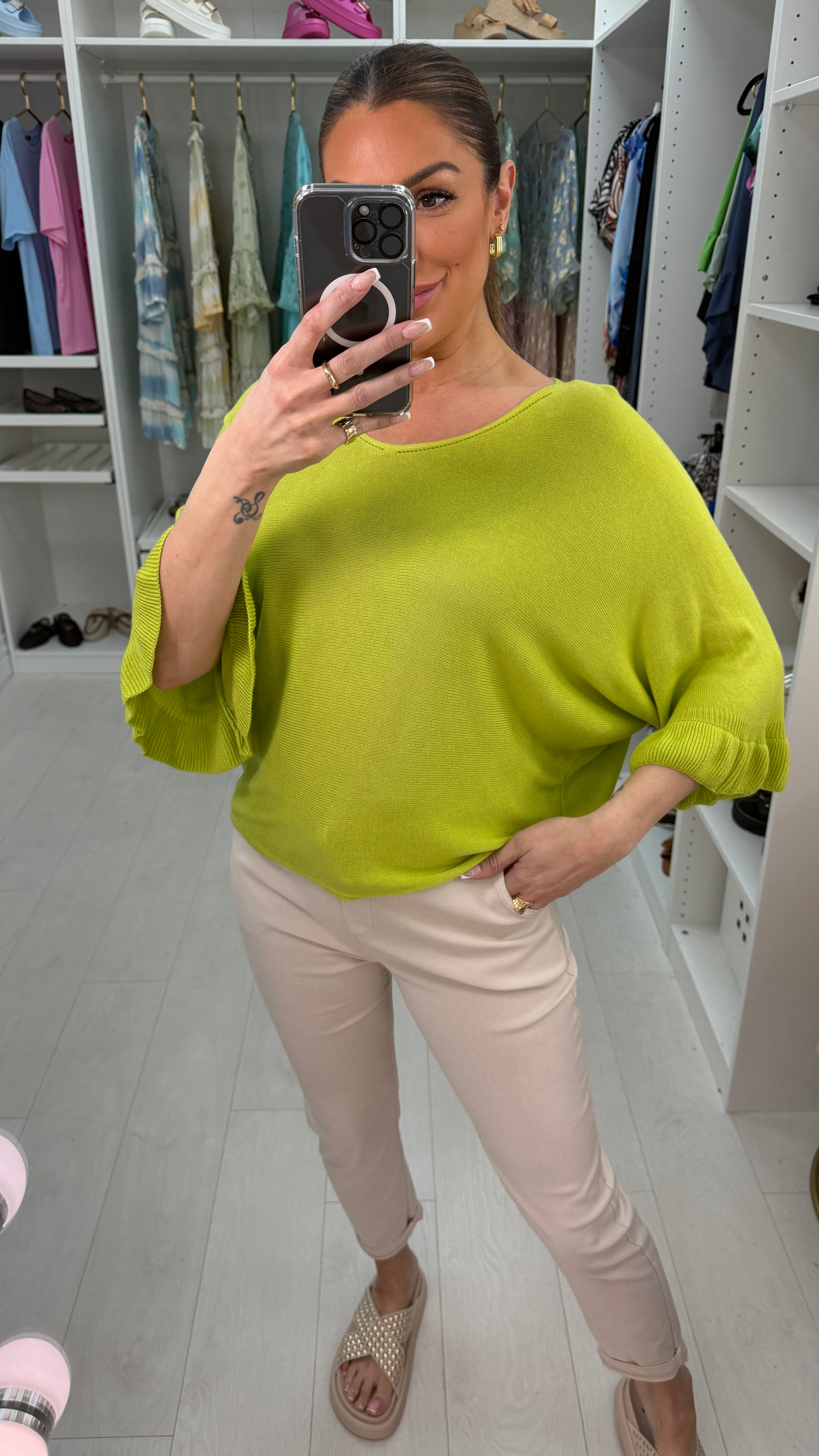 Kathy Plain Frill Sleeve Thin Knit Loose Fit Top