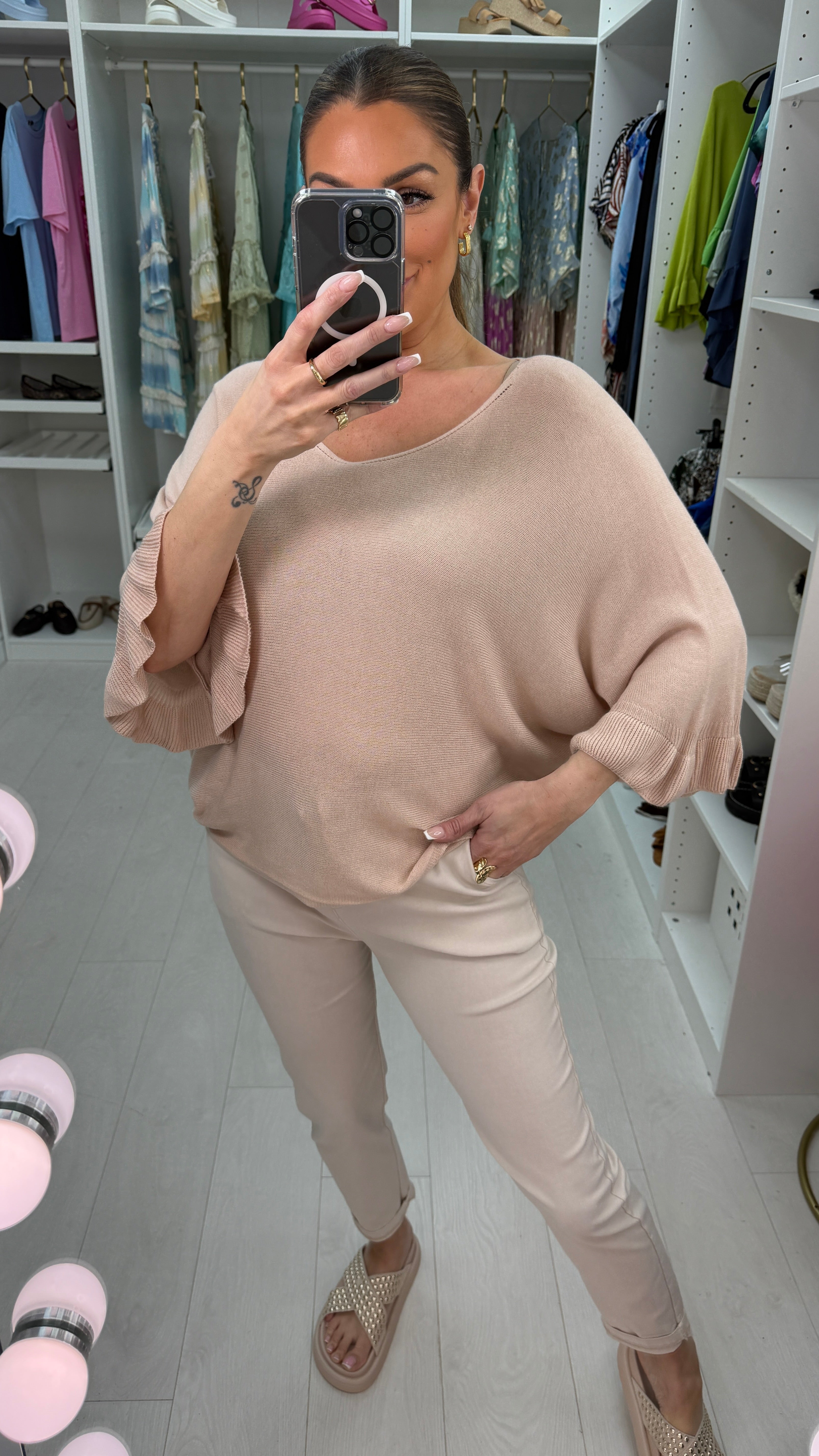 Kathy Plain Frill Sleeve Thin Knit Loose Fit Top