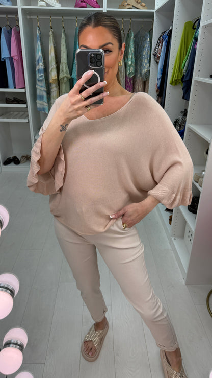 Kathy Plain Frill Sleeve Thin Knit Loose Fit Top