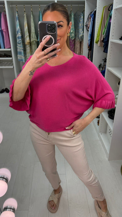 Kathy Plain Frill Sleeve Thin Knit Loose Fit Top