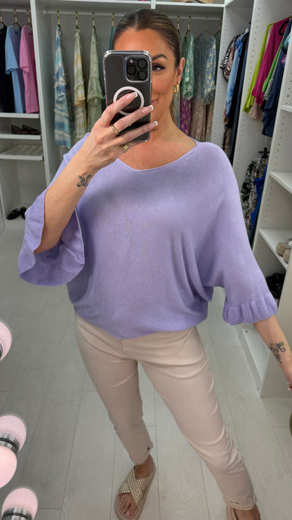 Kathy Plain Frill Sleeve Thin Knit Loose Fit Top