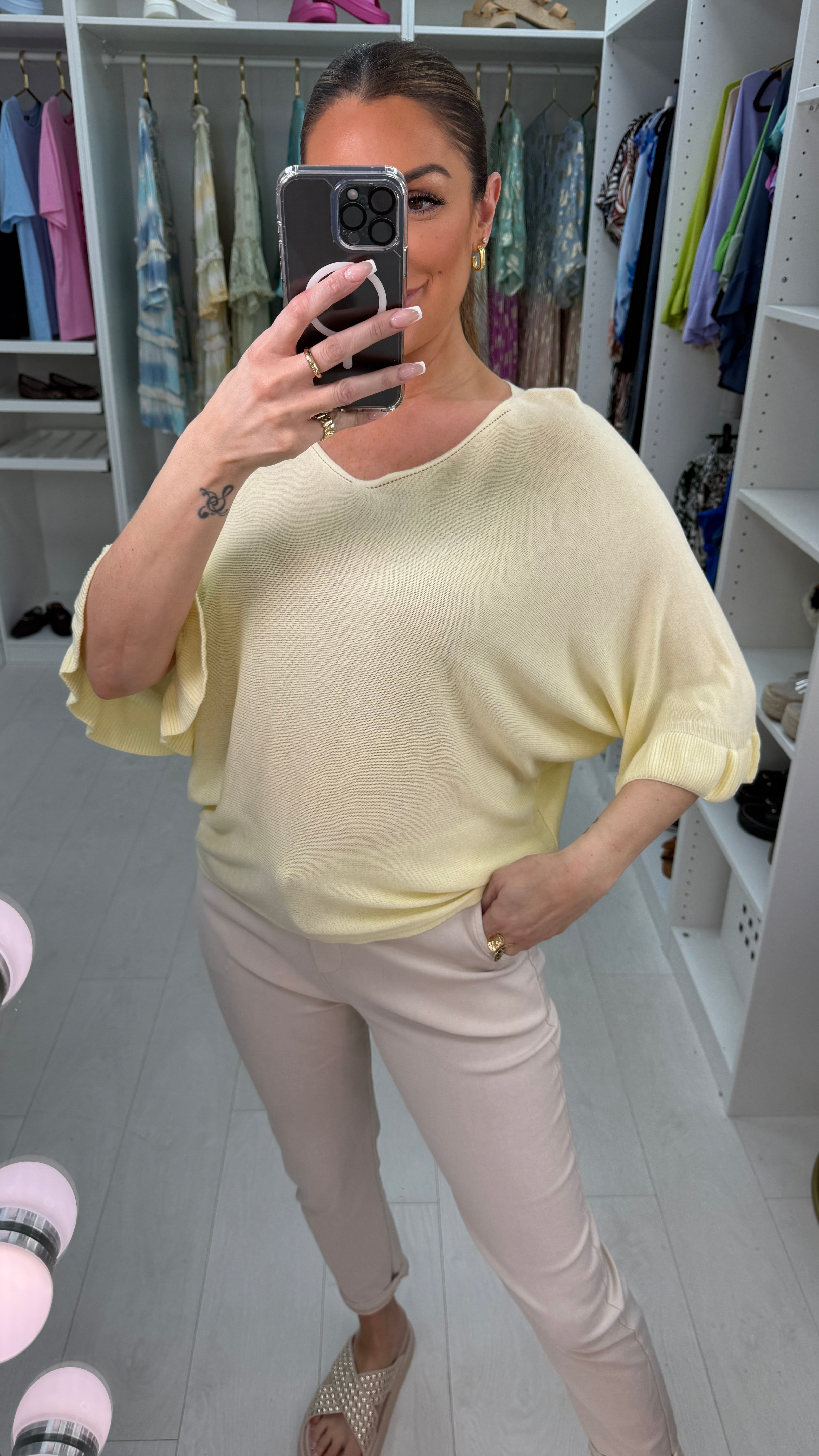 Kathy Plain Frill Sleeve Thin Knit Loose Fit Top