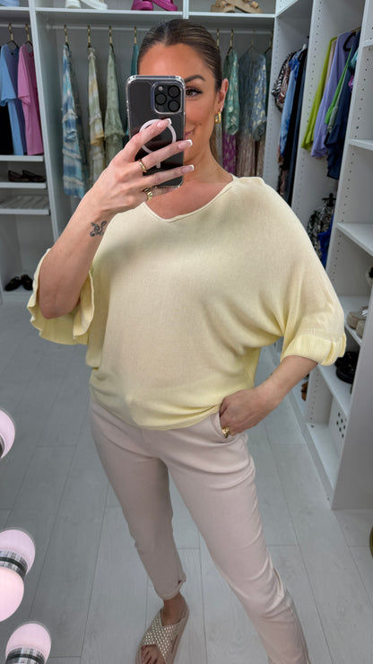 Kathy Plain Frill Sleeve Thin Knit Loose Fit Top