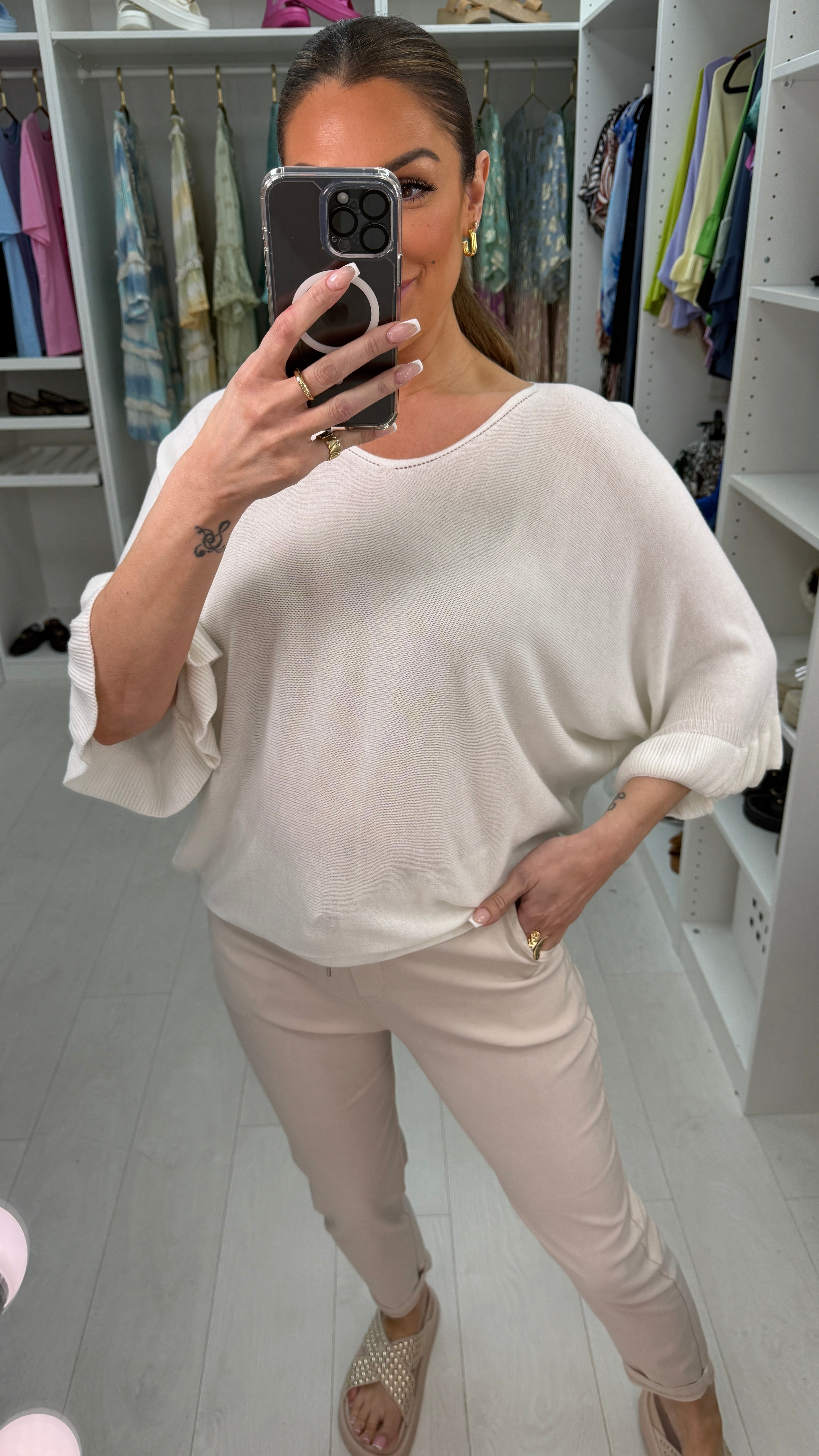 Kathy Plain Frill Sleeve Thin Knit Loose Fit Top