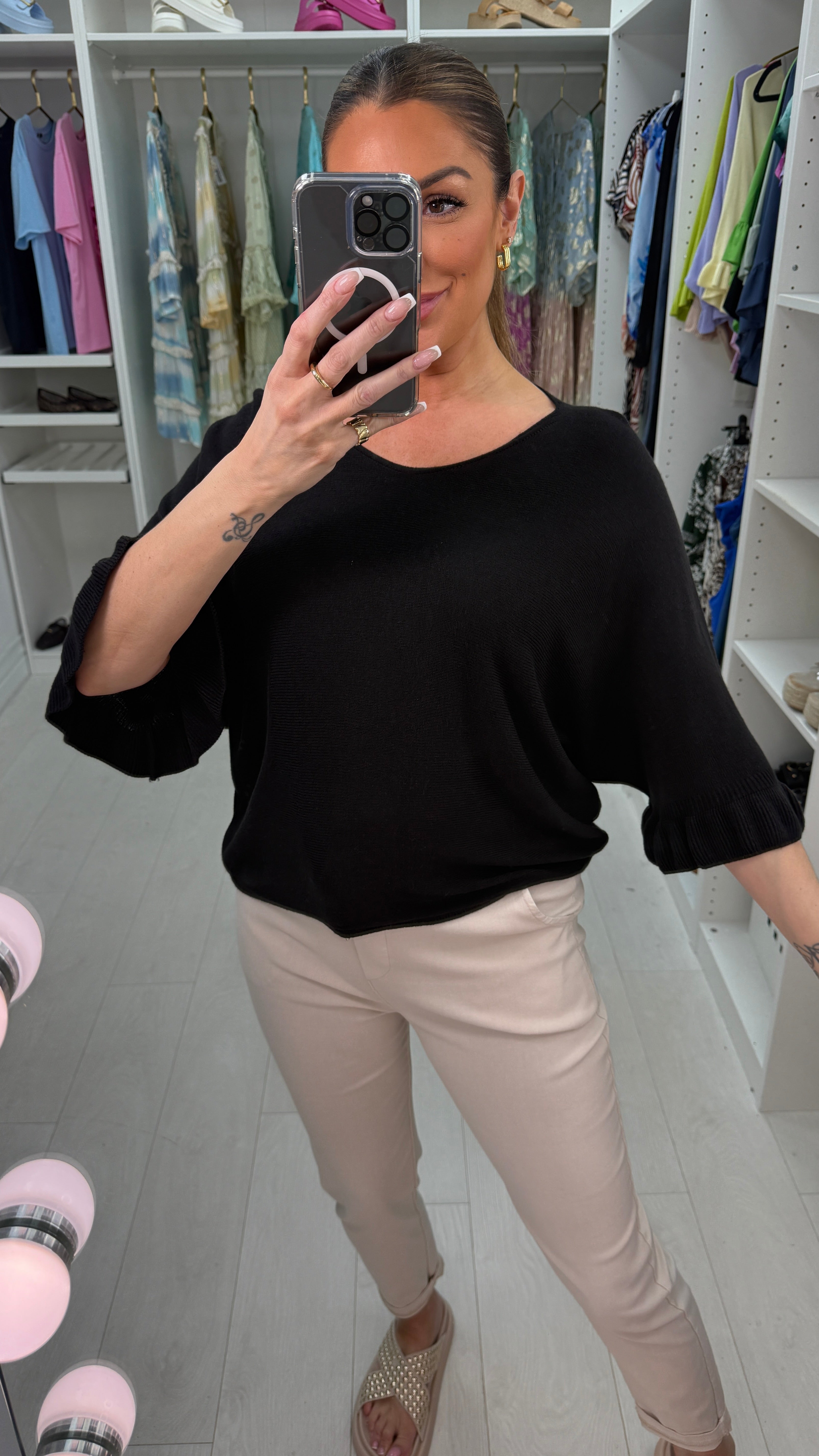 Kathy Plain Frill Sleeve Thin Knit Loose Fit Top