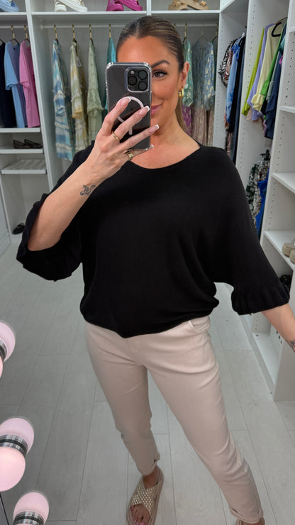 Kathy Plain Frill Sleeve Thin Knit Loose Fit Top