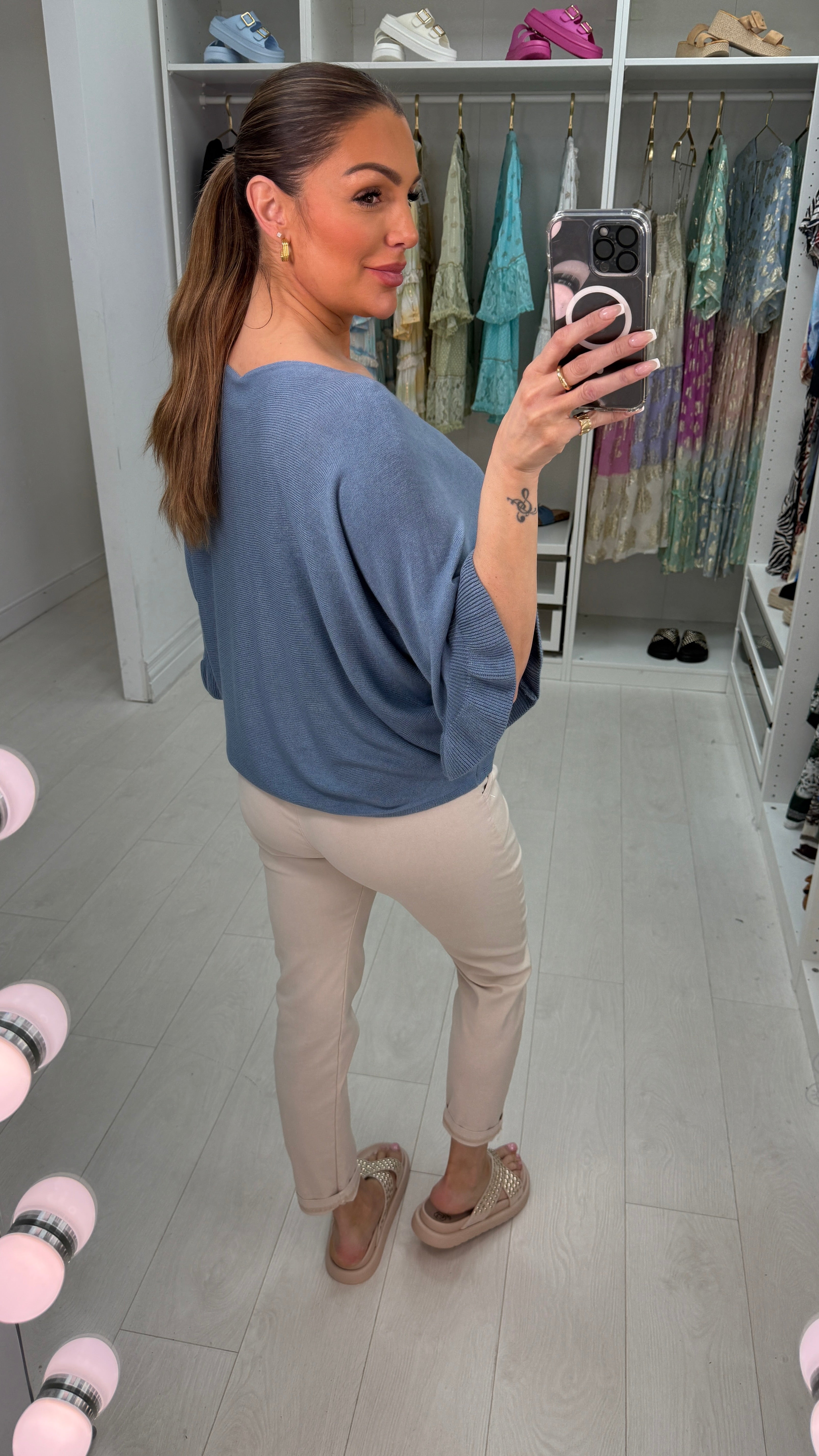 Kathy Plain Frill Sleeve Thin Knit Loose Fit Top