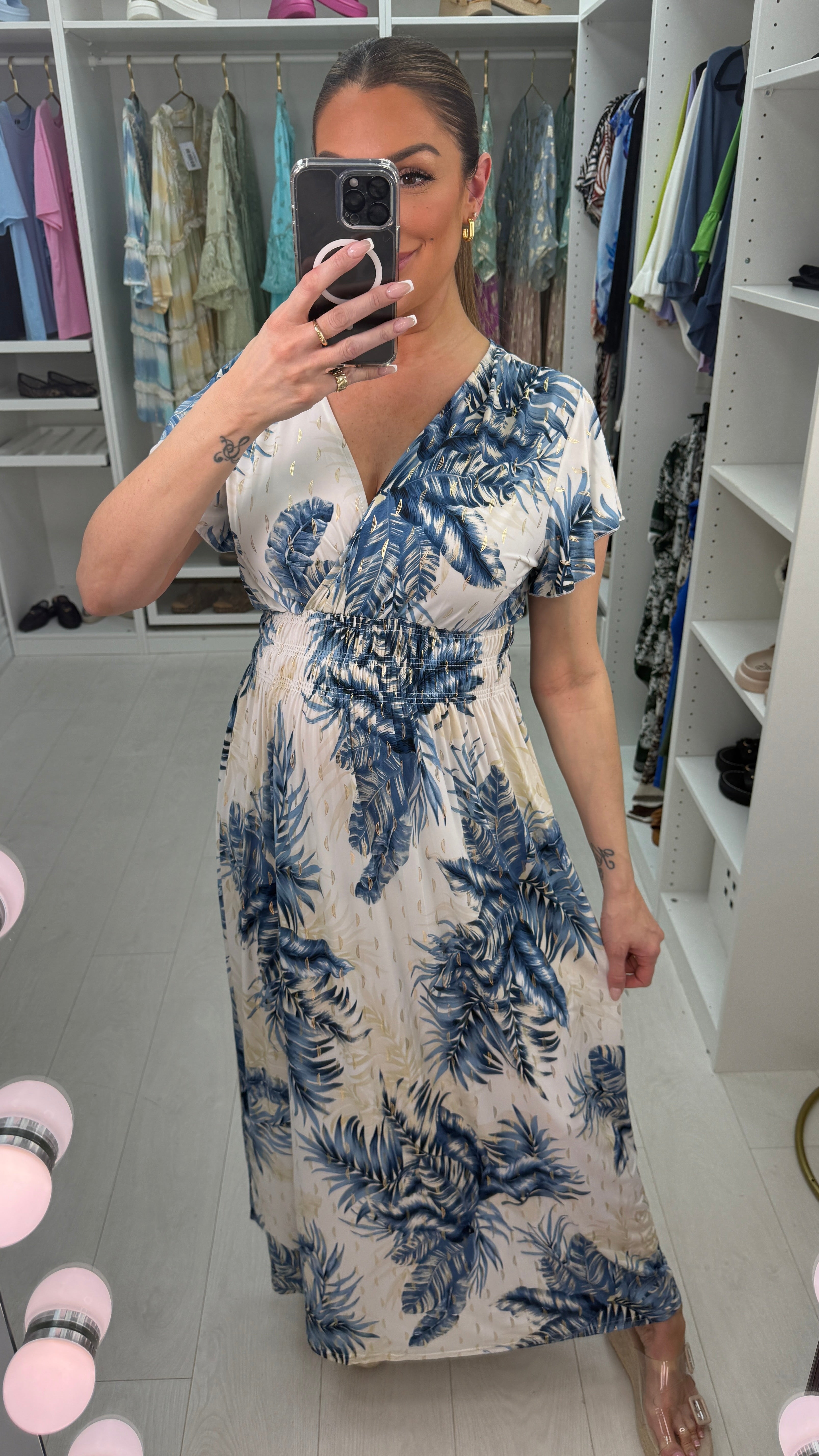 Rosalie Leaf Print Shirred Waist Magic Maxi Dress