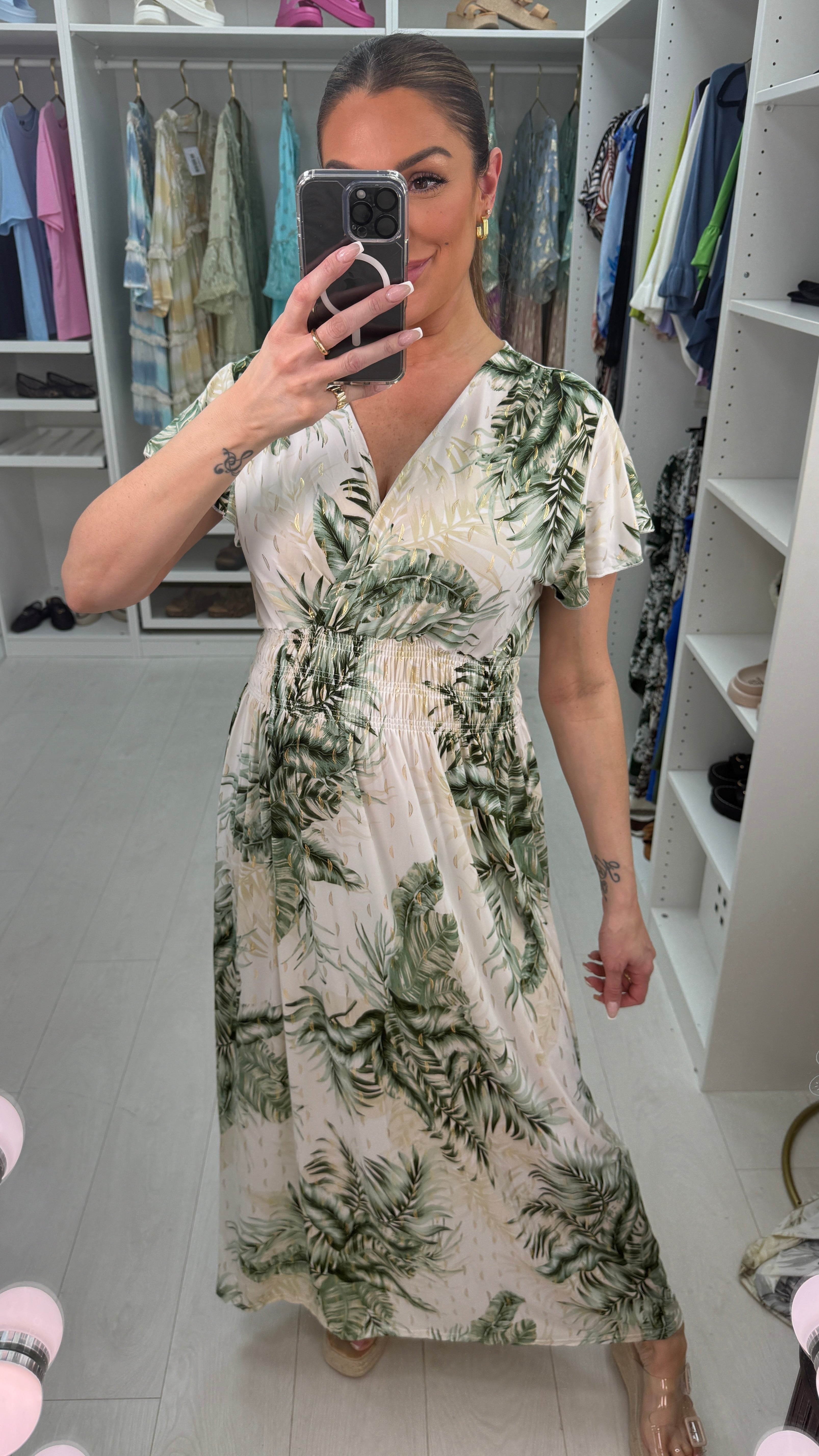 Rosalie Leaf Print Shirred Waist Magic Maxi Dress