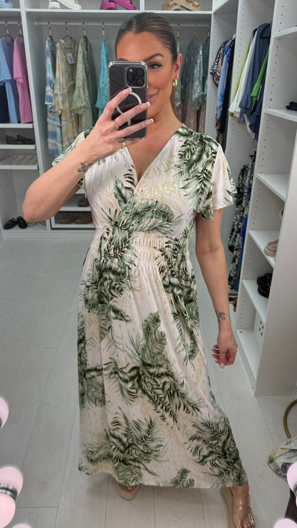 Rosalie Leaf Print Shirred Waist Magic Maxi Dress