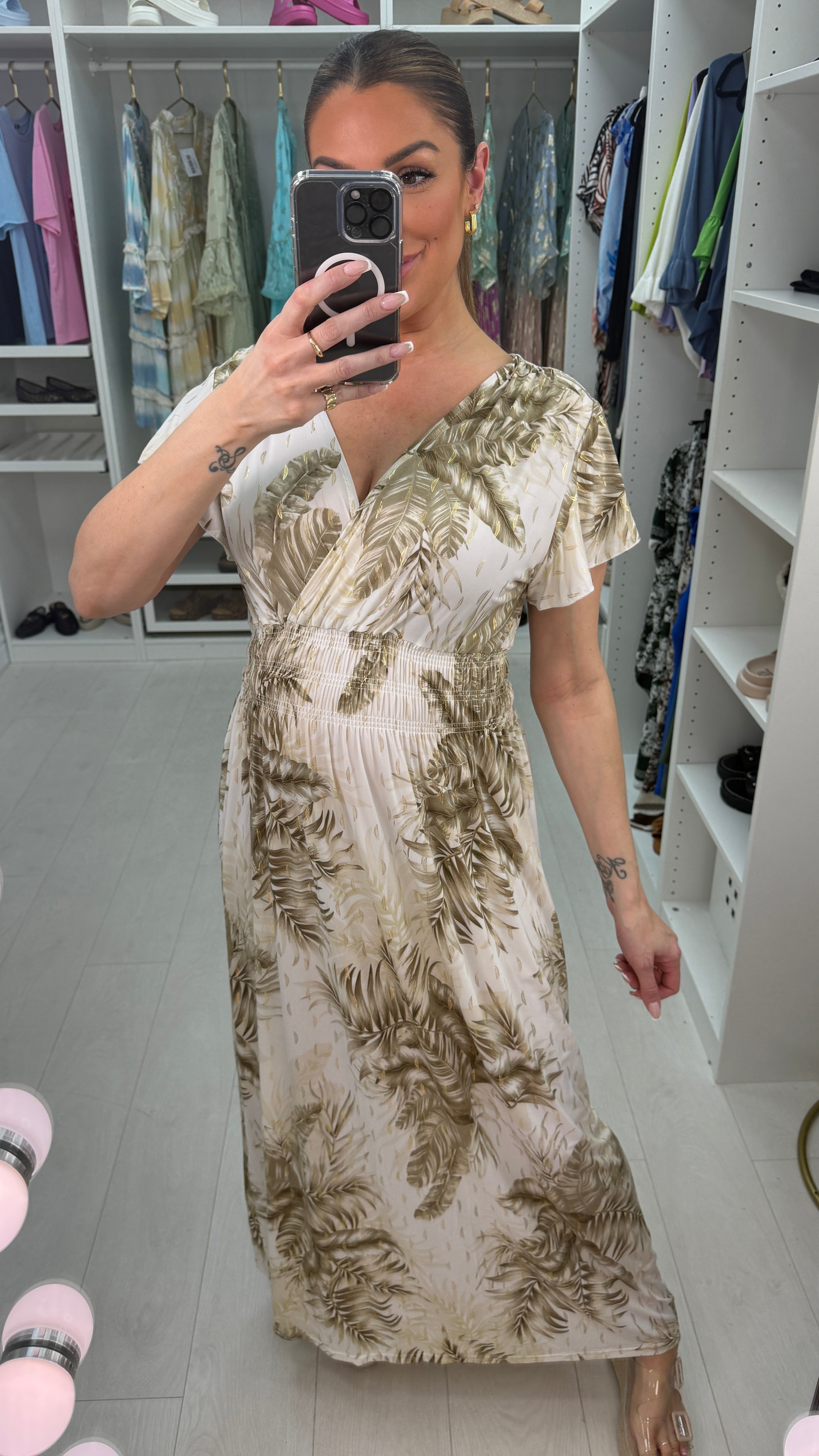 Rosalie Leaf Print Shirred Waist Magic Maxi Dress