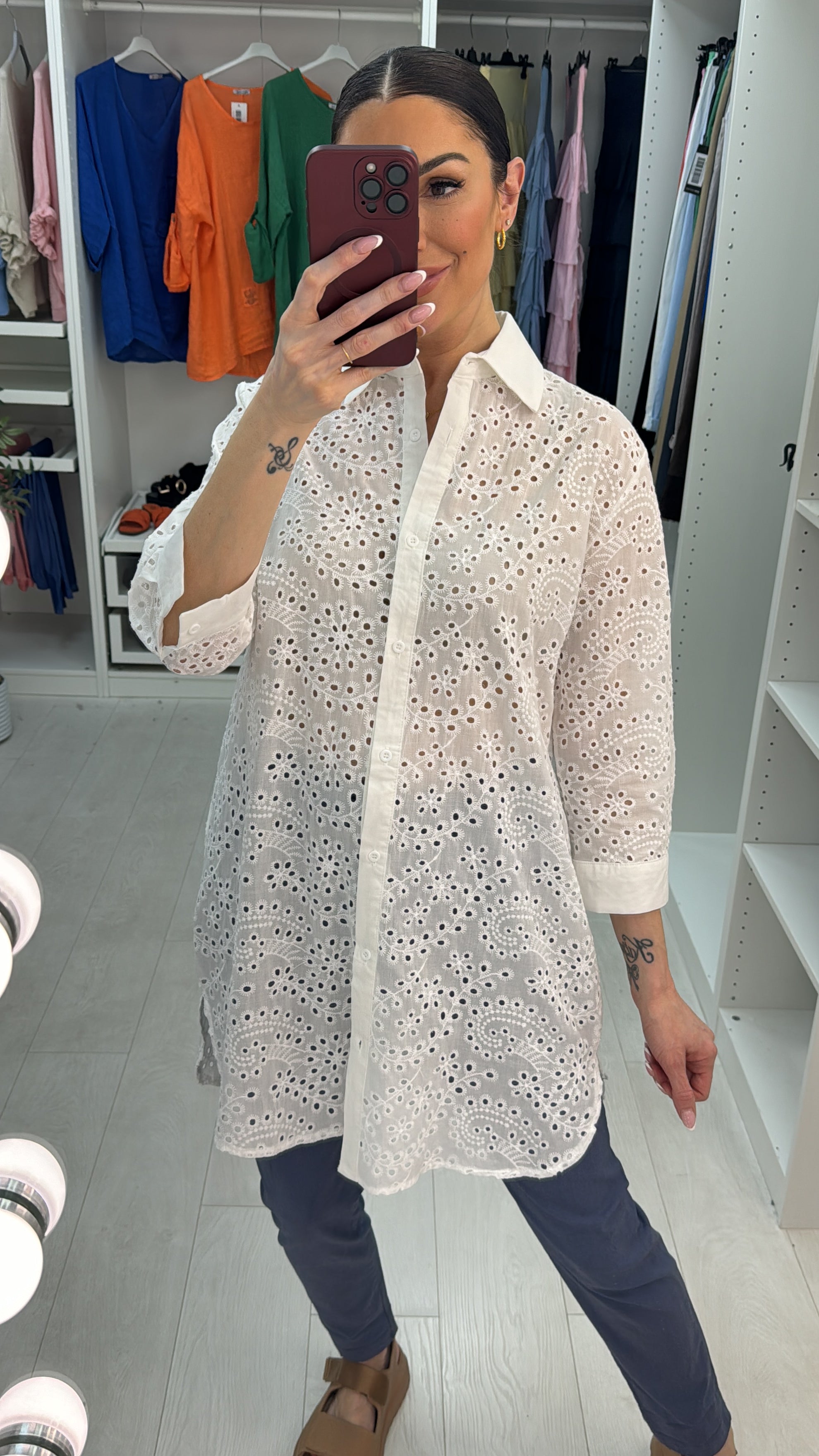 Perla White Broderie Anglaise Longline Shirt