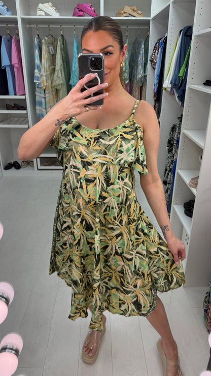Kris Leaf Print Drop shoulder Loose Fit Dress