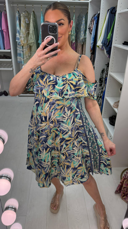 Kris Leaf Print Drop shoulder Loose Fit Dress