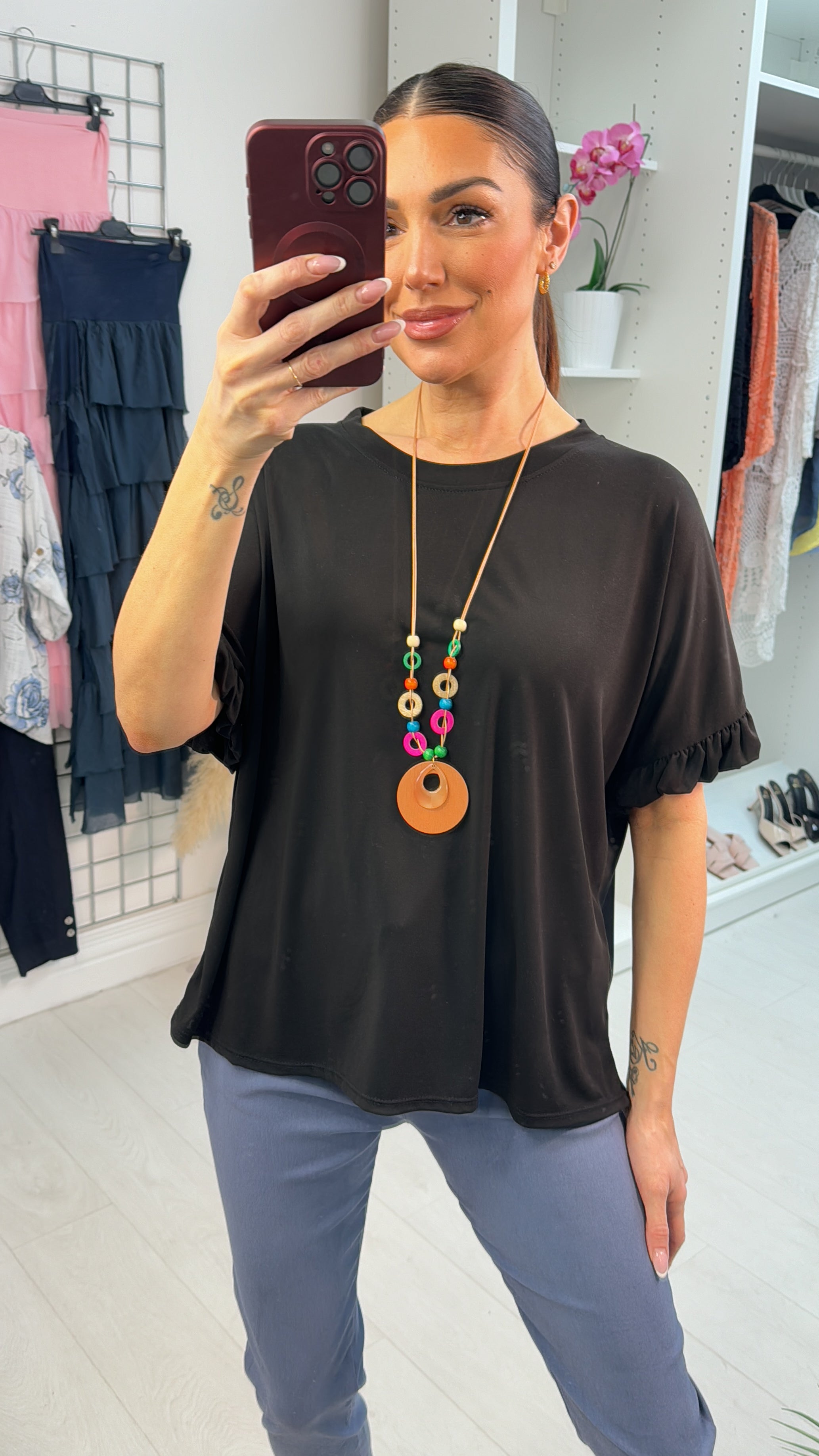 Carolyn Plain Loose Fit Frill Detailed Necklace Top