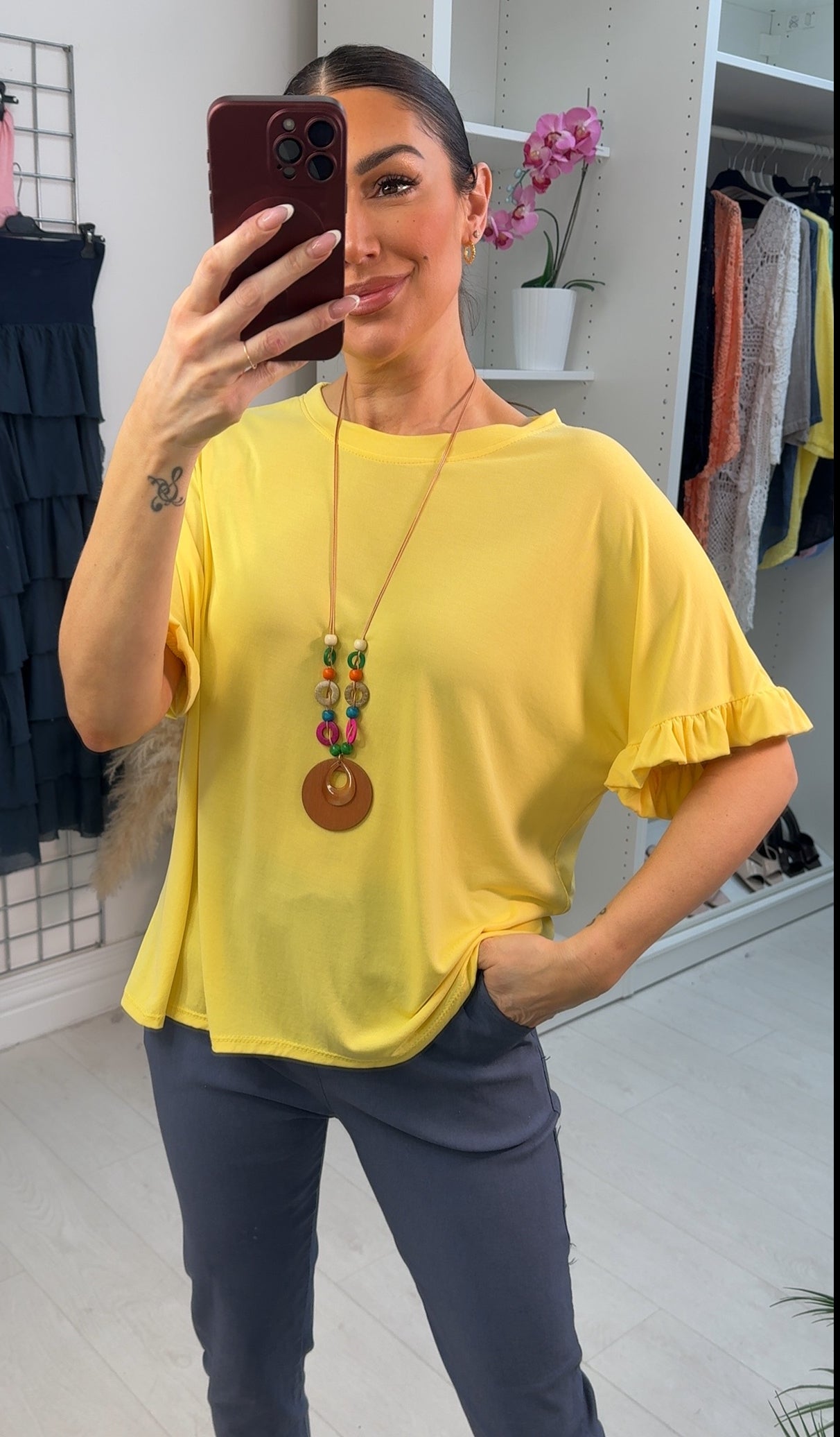 Carolyn Plain Loose Fit Frill Detailed Necklace Top