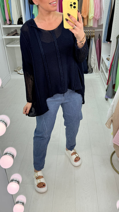 Bella Plain Asymmetric Crochet Oversized Top
