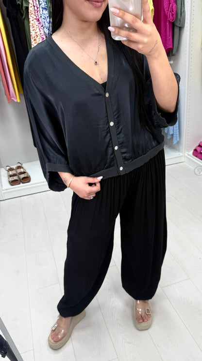 Deana Plain V Neck Button Front Satin Top