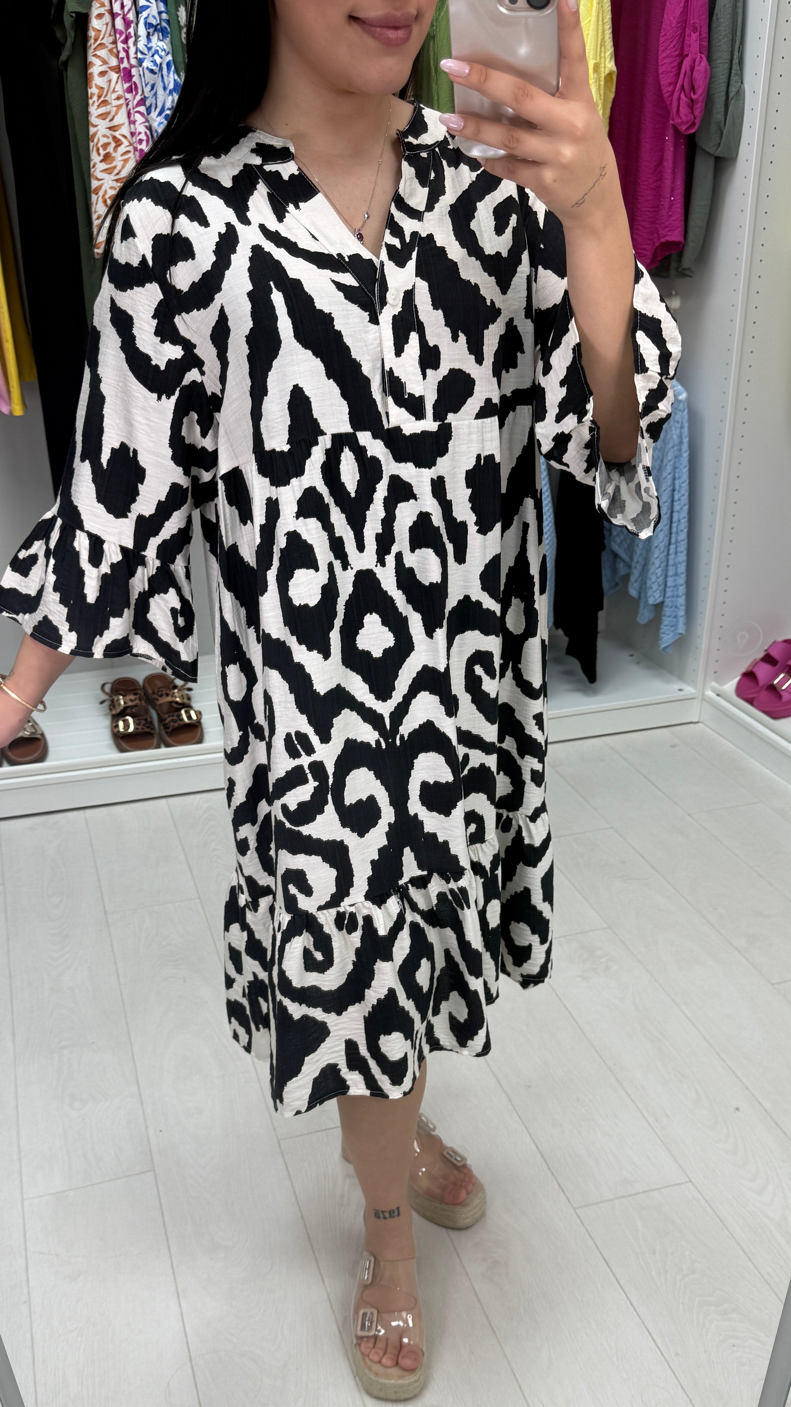 Illianna Abstract Print Frill Hem Smock Dress