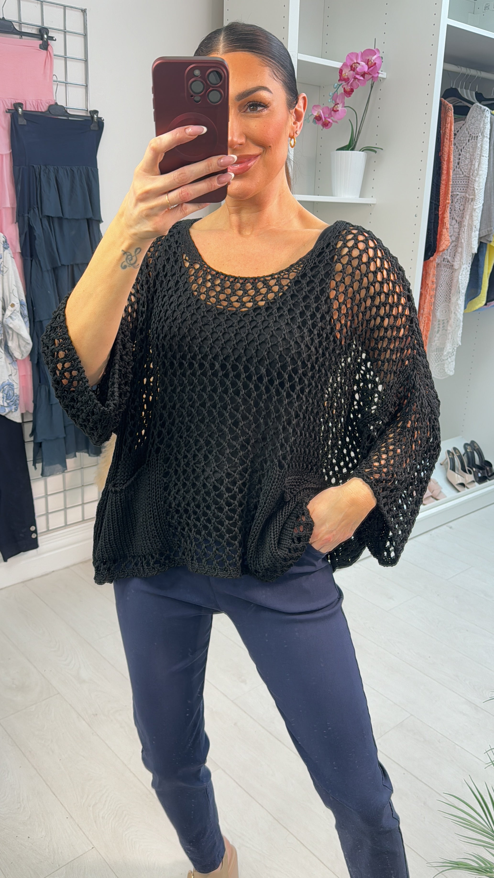 Melia Pocket Front Loose Fit Crochet Top