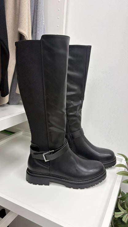 Cherie Faux Leather Buckle Detail Knee High Boots