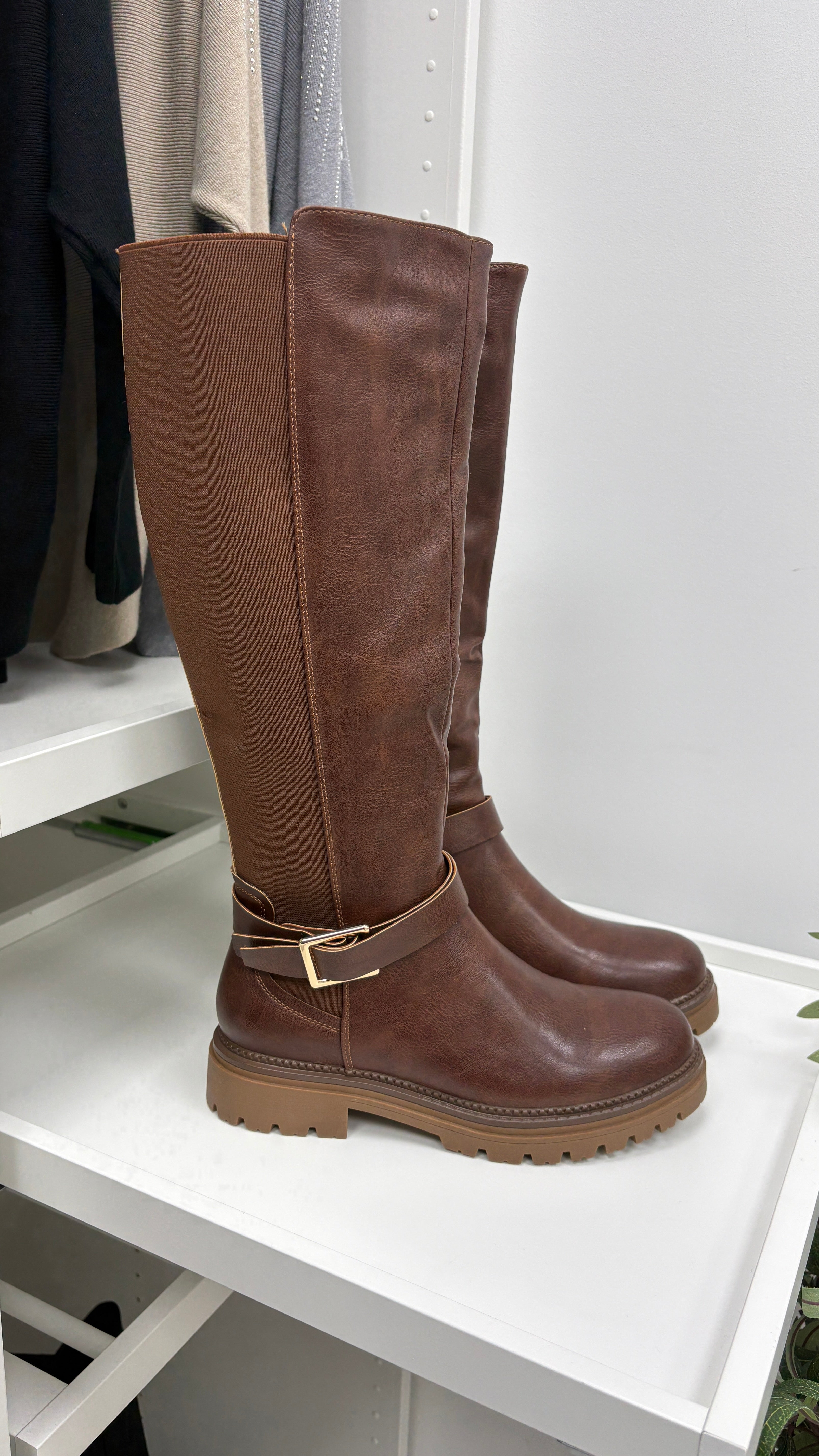 Cherie Faux Leather Buckle Detail Knee High Boots